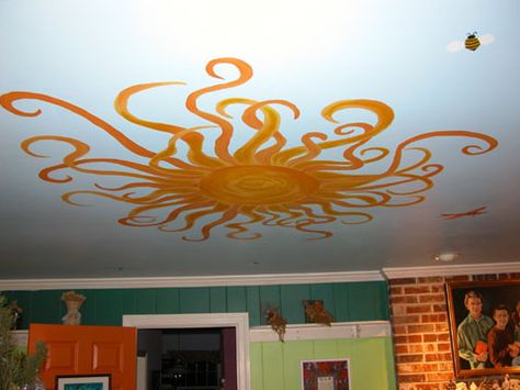 Diy Sun Painting On Wall, Painted Ceiling Ideas Murals, Ceiling Tiles Ideas Painting, Ceiling Tile Painting Ideas, Sunset Painted Ceiling, Ceiling Art Ideas, Sun Wall Painting, Ceiling Mural Ideas, Sun Wall Murals Painted