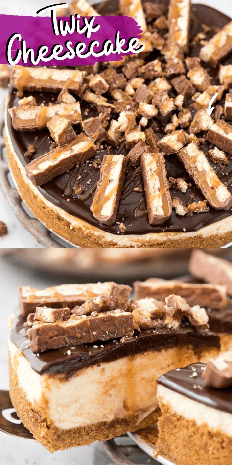 This twix cheesecake has all your favorite caramel chocolate flavors!! Creamy Philadelphia style cheesecake with caramel sauce swirled into the cheesecake and a thick layer of chocolate ganache topped with twix candy bars and caramel sauce. Twix Cheesecake Recipe, Cheesecake With Caramel Sauce, Twix Cheesecake, Fun Cheesecake Recipes, Twix Candy, Yummy Cheesecake, Mini Cheesecake Recipes, Yummy Deserts, Creative Desserts