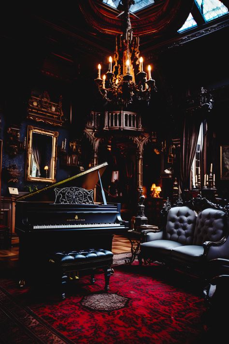 Gothic Living Room Ideas Victorian, Dark Piano Room, Haunted Living Room, Grand Piano Aesthetic, Vintage Goth Aesthetic, Vampire Room, Gothic Home Interior, Victorian Gothic Home Decor, Intricate Woodwork