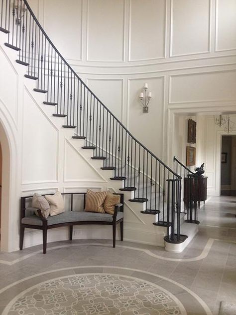 Curved Staircase Foyer, درج السلم, Entryway Stairs, Entryway Tile, Foyer Staircase, Entryway Flooring, Large Foyer, Staircase Decor, Artistic Tile