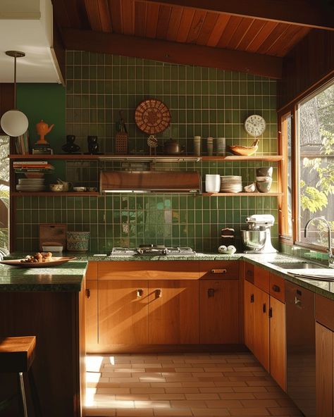 70s Style Decor Interior Design, Kitchen Eclectic Modern, Kitchen Ideas No Window, Retro Kitchen Modern, Dark Eclectic Kitchen, Retro Style Home Decor, Kitchen Retro Modern, Green Kitchen With Wood Cabinets, Green And Wooden Kitchen