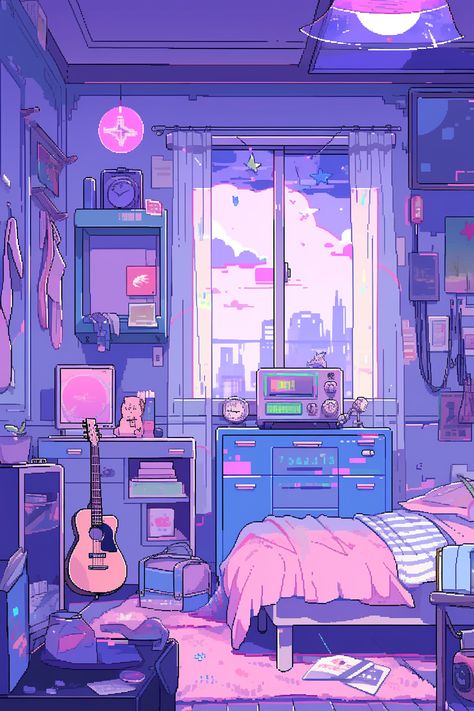 Lofi Aesthetic Wallpaper Purple, Lofi Aesthetic Bedroom Ideas, Lofi Ipad Wallpaper Aesthetic, Watercolor Lofi Art, Pastel Cyberpunk Aesthetic, Kawaii Lofi Aesthetic, Anime Room Aesthetic Wallpaper, Lofi Purple Aesthetic, Lofi City Aesthetic