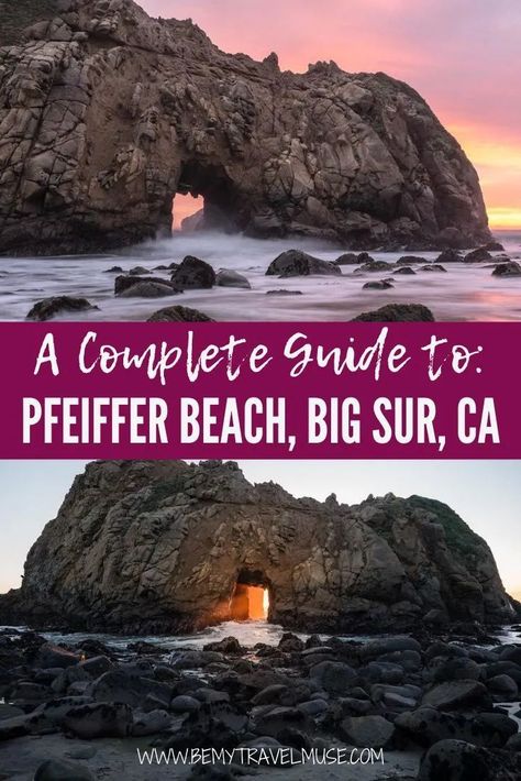 A complete guide to Pfeiffer Beach, Big Sur, California, the land of the purple sand! See the best things to do at Pfeiffer Beach, how to get to Pfeiffer Beach, and quick tips on what to bring. Pfeiffer Big Sur State Park, Coastal Camping, Big Sir, California Vacation Ideas, Cali Beach, Pfeiffer Beach, California Coast Road Trip, Los Padres National Forest, Famous Food