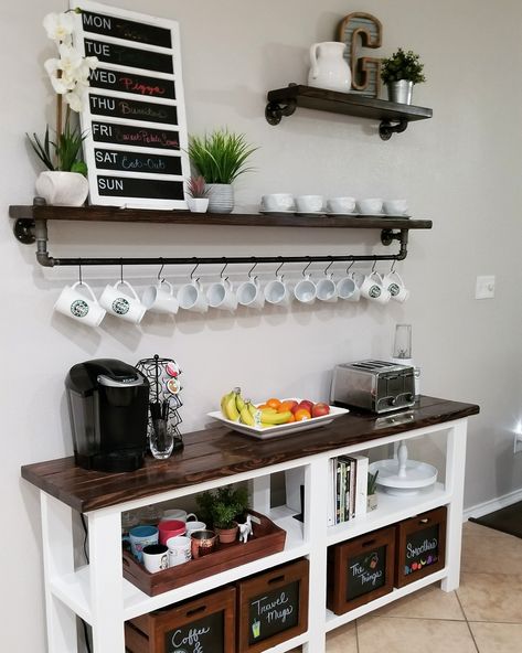 Coffee Bar Industrial, Buffet With Shelves Above, Diy Coffee Bar Table, Bar Console Table, Bar Shelf Ideas, Console Table Ideas, Shelving Diy, Goth Industrial, Diy Pipe Shelves