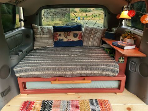 Van With Bed In Back, Living In Minivan, Mini Van Camper Conversion, Crafts With Old Clothes, Mini Van Conversion Minivan Camping, 4runner Living, Dodge Caravan Camper Conversion, Van Camping Minivan, Truck Bed Ideas