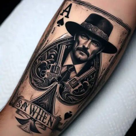 Gunfighter Tattoo, Wyatt Earp Tattoo, Doc Holiday Tattoo Ideas, Outlaw Tattoos For Men, Doc Holiday Tattoo, Wild West Tattoo, Doc Holliday Tattoo, West Tattoo, Outlaw Tattoo