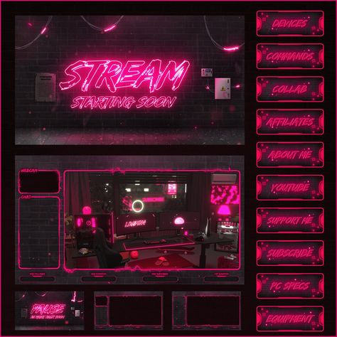 PINK STREAM OVERLAY NEON FOR TWITCH (+FREE VERSION) Twitch Overlays Free, Free Stream Overlay, Free Twitch Overlay, Neon Overlay, Stream Overlay Design, Stream Layout, Overlays Twitch, Retro Stream Overlay, Vaporwave Twitch Overlay