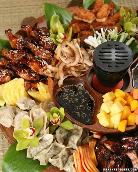 Pupu Platter Dinner Recipes | Martha Stewart Living - This delicious pupu platter will impress your guests at your next gathering. Dock Party, Chicken Tempura, Pu Pu Platter, Tempura Vegetables, Adult Halloween Party Decorations, Chicken Sushi, Kids Halloween Party Decorations, Shrimp Toast, Hibachi Grill