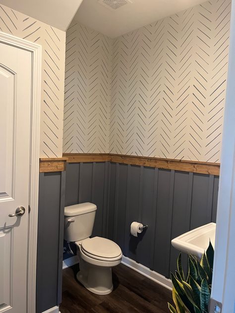 Change a builder grade bath into a custom bath. Half Panel Bathroom Walls, Bathroom Color Wall Ideas, All Bathroom Ideas, Half Bathroom Modern Farmhouse, Half Bath Cottage Core, Diy Cheap Home Renovations, Bathroom Remodel Wall Ideas, Turning Half Bath Into Full Bath, Bathroom Painted Wainscoting