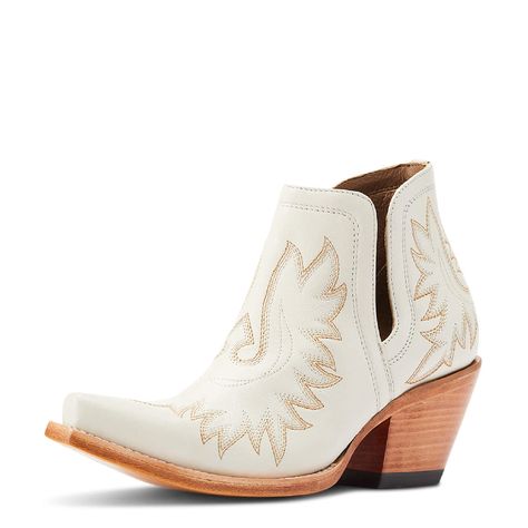 Ariat Women's Dixon Western Bootie - Blanco- FINAL SALE WOMEN - Footwear - Boots - Booties Ariat Footwear Embroidery Heels, Mens Boots Casual, Boot Companies, New West, Side Design, Western Boots Women, Western Booties, Veg Tan Leather, Western Boot