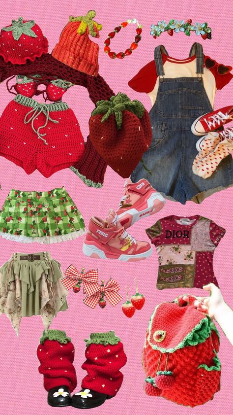 strawberry vibes outfit ideas / inspo Fruit Aesthetic Outfit, Fruitcore Outfits, Strawberry Themed Outfit, Food Inspired Outfits, Strawberry Shortcake Outfit Inspiration, Strawberry Vibes, Strawberry Shortcake Outfits, Strawberry Ideas, Strawberry Outfit