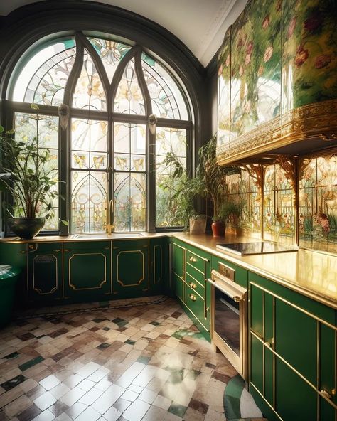 Art Nouveau inspired kitchens 🏠🍽🟢🌿🟡 A set of extras from my earlier Art Nouveau explorationsis with @conjuring_fay ✨️ . . . Conjured usin… | Instagram Wall With Electric Fireplace, Room Media Wall, Living Room Media Wall, Victorian Bohemian Decor, Black Feature Wall, Art Nouveau Interior, Dream Bedroom Inspiration, Victorian Interior, 2023 Art