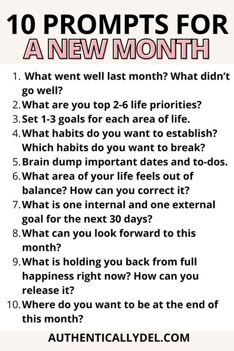 journal prompts for a new month New Month Prompts, Journal Prompts For New Month, Month Of Journal Prompts, Start Of The Month Journal Prompts, Monthly Reflection Prompts, End Of The Month Reflection Prompts, Monthly Journal Prompts, Start Of The Month, Journal Prompts For Adults