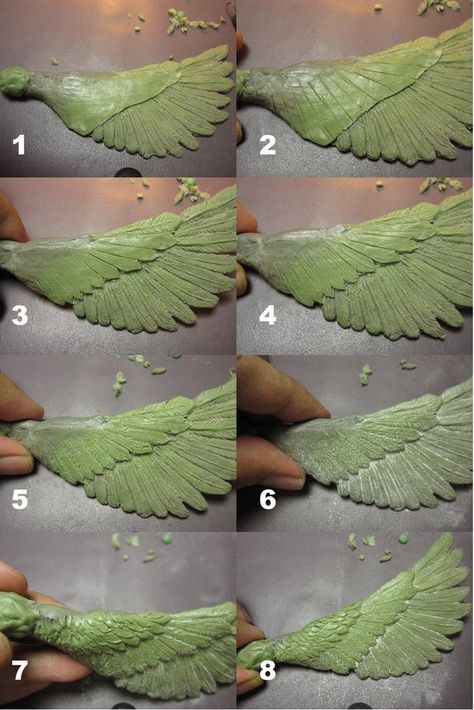 A small step-by-step guide on how I sculpt a feathered wing. This wing is a part of a harpy sculpture I'm doing. The white stuff in no.6 is baby powder that I use to buff and smooth the wax. You ca... Diy Fimo, Sculpting Tutorials, Wax Carving, Modeling Clay, Sculpting Clay, Clay Dolls, Polymer Clay Projects, Polymer Clay Tutorial, Polymer Clay Creations