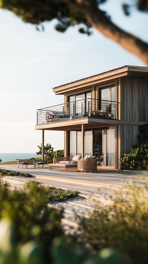 Stylish Beach House with Ocean View Deck Danish Beach House, Modern House By The Beach, Modern Beach House Plans Ocean Views, Cozy Beach House Exterior, House Beach View, Airbnb Moodboard, House On Piers, House With Ocean View, Ghana Beach