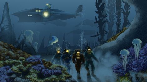 20,000 Leagues under the sea Netflix series concept design, Roger Kashmir on ArtStation at https://www.artstation.com/artwork/GXkr8z Under The Sea Artwork, Deep Sea Diver Art, 20000 Leagues Under The Sea, Diver Art, Cave Story, Fallout Concept Art, Sea Artwork, Deep Sea Diver, Deep Sea Diving