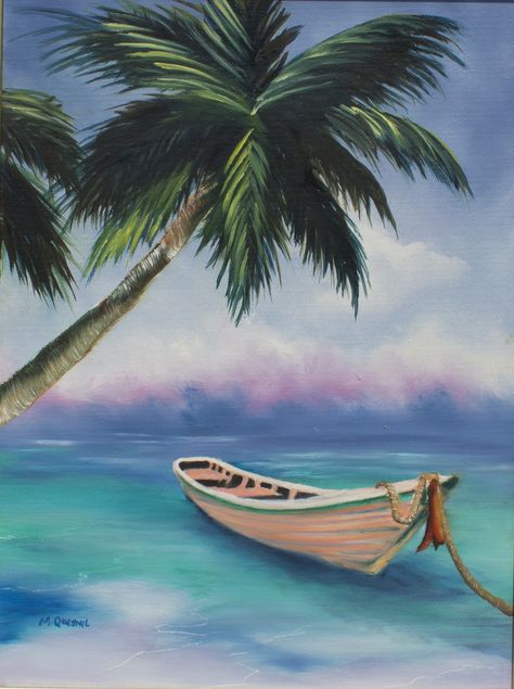 Rowboat Painting, Boats Painting, Horizon Painting, Brush Techniques, Beach Mural, Simple Oil Painting, Oil Painting Pictures, Paintings Oil, Palm Trees Painting