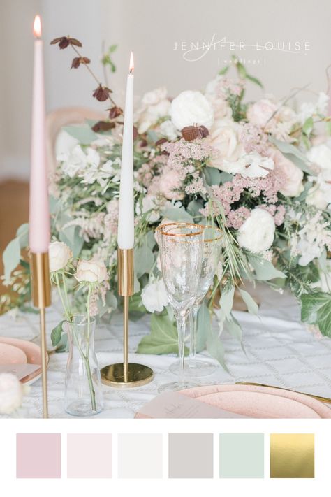 Blush pink wedding colours with gold accents | Pink and white table setting with floral arrangement | View more from luxury wedding planner Jennifer Louise Weddings | table flower arrangements | blush sage and gold wedding | blush sage wedding | blush wedding flowers | tablescapes wedding romantic | wedding decor inspiration color schemes | blush wedding ideas color schemes | blush wedding colour palettes | pink grey wedding | pink wedding color scheme | #blushwedding #pinkwedding Pink Wedding Color Scheme, Wedding Color Schemes Summer, Blush Wedding Theme, Floral Centrepiece, Blush And Gold Wedding, Blush Wedding Colors, Pink Wedding Colors, Pink And White Weddings, Gold Wedding Colors