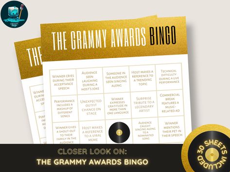 Turn your GRAMMY Awards viewing party into an engaging and interactive experience with our 66th GRAMMY Awards Bingo – now with 30 unique cards for endless entertainment! Immerse yourself in the world of music and celebration as you and your guests mark off iconic moments, performances, and surprise wins on your personalized bingo cards. With 30 distinct cards, everyone gets a chance to play and shout 'Bingo!' Fun Games For Adults, Grammy Party, Game For Adults, Awards Viewing Party, Awards Party, Interactive Experience, Iconic Moments, Drinking Party, Viewing Party