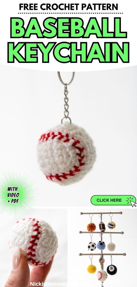 Dive into the charming world of DIY with this free crochet baseball keychain pattern. Guaranteed to ignite your imagination, this beginner-friendly guide is more than a pattern – it's a journey into the heart of creativity. Alongside step-by-step written instructions, you'll find a comprehensive video tutorial to guide you through each intricate stitch. Whether you're a crafting novice or a seasoned expert, this project is a delightful way to create a unique handmade accessory. Crochet Baseball Keychain Pattern Free, Crochet Baseball Free Pattern, Diy Baseball Crafts, Small Crochet Gifts For Boys, Crochet Volleyball Keychain, Crochet Keychains For Men, Small Crochet Gifts For Men, Crochet Flower Keychain Pattern Free, Crochet Keychain For Men