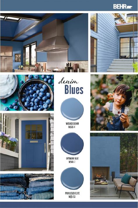 As comfortable as your favorite pair of jeans, this denim blue color palette from Behr paint is giving us all kinds of home decor inspiration. Perfect for the interior or exterior of your home, these medium-tone blues pair beautifully with neutral tones like gray and white. Click below to learn more. Behr Blue Exterior House Colors, Behr Blue Paint Colors, Denim Blue Paint, Behr Blue, Color Categories, Color Spotlight, Senior Apartments, Behr Colors, Color Of The Month