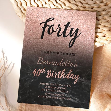 Faux rose gold glitter black marble 40th Birthday for $2.80 - Birthday Invitations Brush Typography, Rose Gold Foil Invitations, Modern Birthday Party, 40th Birthday Party Invites, 80th Birthday Invitations, Black Colour Background, 40th Birthday Invitations, Foil Invitations, 40th Birthday Parties