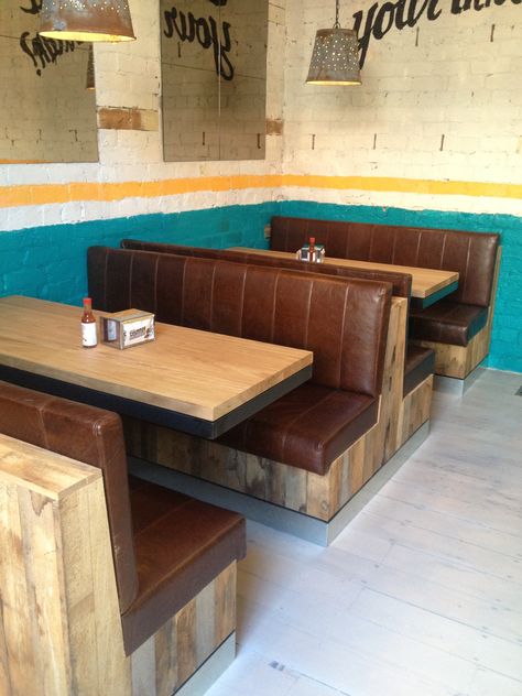 Booth Seating Diy Restaurant Booth, Bar Booth Seating, Diy Booth Seating, Leather Booth Seating, Mad Mex, Bar Booth, Diy Booth, Rustic Coffee Shop, Coffee Shop Tables