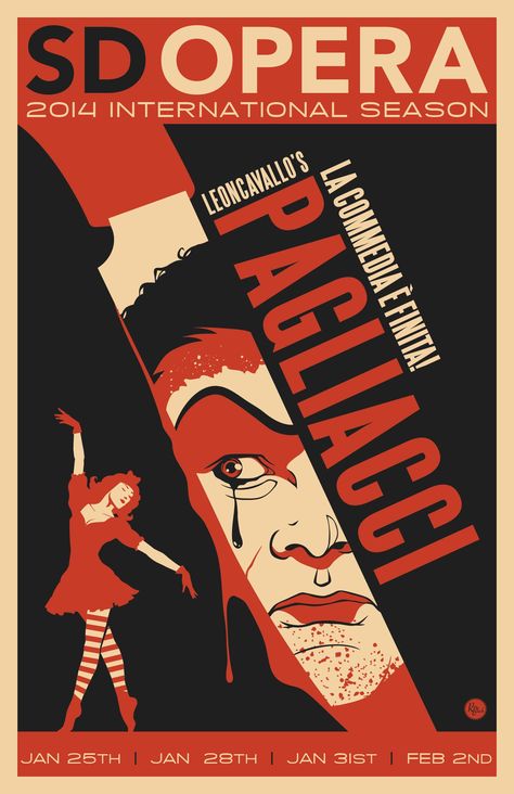 Leoncavallo's Pagliacci poster from the San Diego Opera Jealous Husband, Theater Posters, Theater Poster, A Night At The Opera, Opera Singer, Cute Clown, Classic Artwork, Theatre Poster, Opera Singers