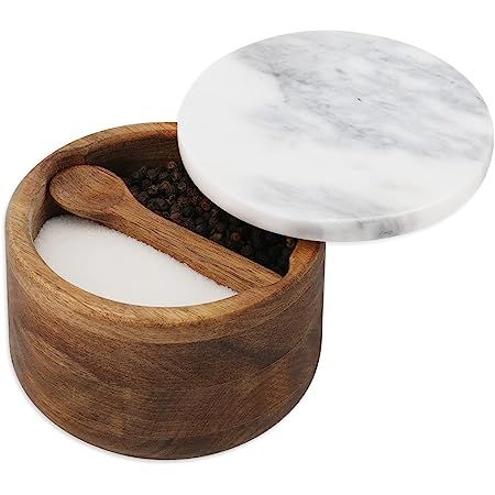 ✔ 【 No Chemical Smell 】Our salt and pepper box is made of natural acacia wood,which makes it safe and no chemical smell . Maintenance method: Clean with a damp cloth and place it in a ventilated place to dry. ✔【Marble Lid】Salt and Pepper Bowl with Marble lid, which can be operated with one hand to remove and put back, adding ingredients smoothly.And the marble lid will keep the salt fresh and makes it perfect for easy storage. Wooden Salt Cellar, Bath Salt Containers, Salt Holder, Bath Salt Jars, Seasoning Organizer, Pasta Drying Rack, Salt Bowl, Salt And Pepper Holder, Salt Jar