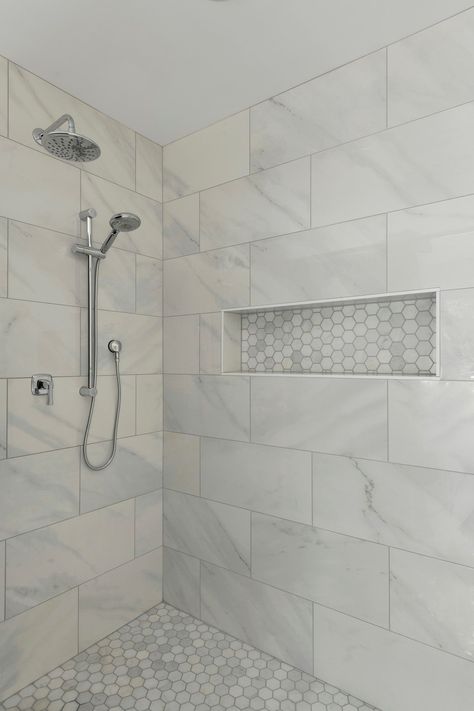 Master Bath Shower Tile, Shower Tile Combinations, Large Shower Tile, Tile Combinations, Marble Shower Tile, Master Bath Tile, White Tile Shower, Master Bath Shower, Full Bathroom Remodel