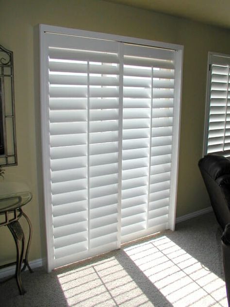 Sliding Glass Door Decor, Window Shutters Inside, Sliding Glass Door Treatments, Sliding Glass Door Shutters, Shutters For Sliding Glass Doors, Sliding Door Coverings, Patio Door Shutters, Sliding Door Shutters, Sliding Glass Door Coverings