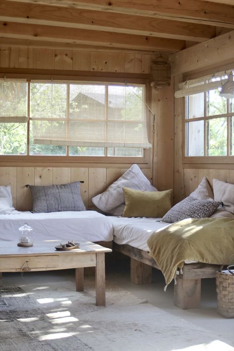 Daybed In Living Room, Artist Couple, Minimalist Cottage, Diy Daybed, Limestone Wall, Interior Shutters, Old Fireplace, Cottage Inspiration, Summer Cottage