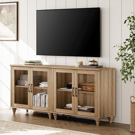 PRICES MAY VARY. 【2-in-1 Multipurpose TV Cabinet】The 2-in-1 large tv stand can be used separately as two glass cabinets. In addition to entertainment center, it can be placed in the dining room as a kitchen buffet cabinet or in the entryway as a console table. They are sent separately in two packages, so you may receive them at different times. 【Large Storage TV Stand】This modern media console comes with 4 cabinet storage spaces w/ 3-level adjustable and removable shelf in the middle, providing Oak Entertainment Center, Tv Stand With Glass Doors, Kitchen Buffet Cabinet, Apartment Things, Modern Media Console, Colorado House, Wood Tv Console, Glass Cabinets, Wood Tv Cabinet