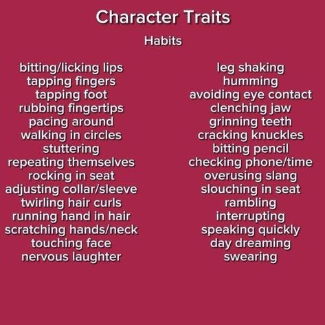 Book Writing Characters, Weird Character Traits, Cute Character Traits, Oc Character Description, Character Nervous Ticks, Good Character Habits, Character Interests List, Introducing New Characters, Character Habits Writing