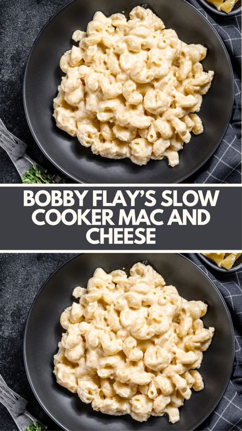 Bobby Flay Slow Cooker Mac And Cheese is made with elbow macaroni, evaporated milk, whole milk, butter, salt, pepper, eggs, and sharp Cheddar cheese. This recipe takes 3 hours and 15 minutes to cook and serves six people. Slow Cook Mac And Cheese, Bobby Flay Mac And Cheese, Slow Cooker Mac And Cheese Recipe, Mac And Cheese Slow Cooker, Crock Pot Mac And Cheese, Slow Cooker Mac And Cheese, Bobby Flay Recipes, Thanksgiving Meals, Pasta Noodle Recipe