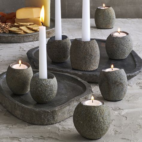 Stoneshard™ - Design Ideas Stone Candle Holder, Outdoor Evening, Stone Candles, Elegant Dinner Party, Tea Light Holders, Volcanic Stone, Elegant Dinner, Candle Holder Decor, Light Holder