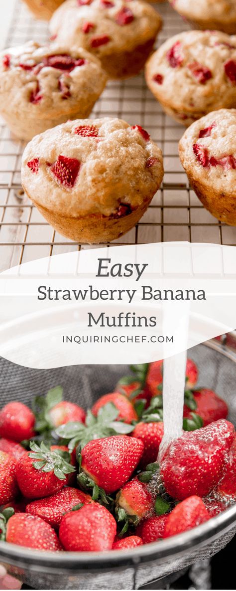 Strawberry Banana Recipes, Strawberry Muffins Easy, Strawberry Banana Muffins, Strawberry Muffin Recipes, Strawberry Banana Bread, Strawberry Bread, Banana Muffin Recipe, Strawberry Muffins, Banana Dessert