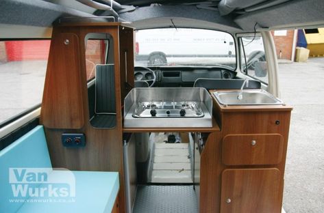 Early Dormobile Bay with Eskola Interior in Walnut Melamine - VanWurks VW Camper Interiors Vw Bus Interior, Rock And Roll Bed, Camping Shop, Bus Interior, Folding Ladder, Electrical Fittings, Camper Interior, Upholstery Foam, Camper Conversion