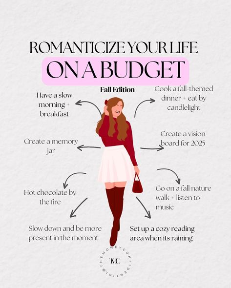 ✨ Ways to romanticize your life on a budget ✨ FALL EDITION It can seem like we must have luxurious + expensive spa dates, an expensive bottle of wine to relax with, date nights worthy of the Bachelor, etc. to live a romanticized life. But, that’s just not true. Here are some ways you can romanticize your life in budget-friendly ways: ☕️ Have a slow morning + breakfast Don’t rush your shower. Do your skincare. Stretch. Break out your journal or current book. Make a nutritious breakf... Seasonal Witchcraft, Dating Checklist, Finance Motivation, Luxury On A Budget, Romanticized Life, Romanticize Your Life, God Centered Relationship, Fall Date Night, Beauty Skin Quotes