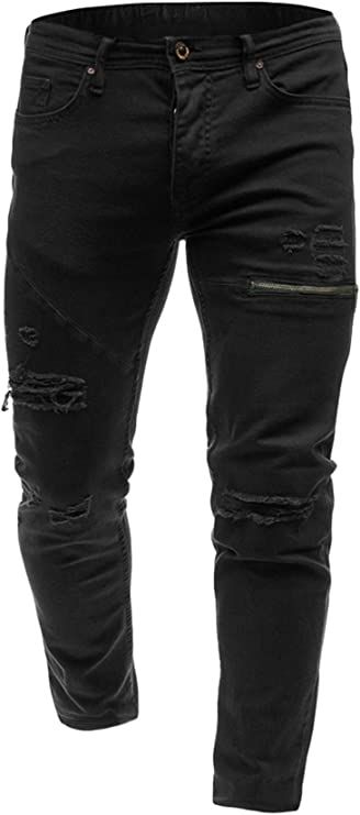 Andongnywell Mens Destroyed Straight Fit Jeans Ripped Skinny Biker Trousers Slim Fit Denim Pants with Zippers at Amazon Men’s Clothing store Black Ripped Jeans Outfit, Trousers Outfit Casual, Art Development, Skater Goth, Ripped Jeans Style, Jeans Outfit Men, Book Dress, Mens Trousers Casual, Jeans Pant