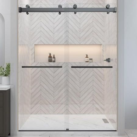 Upgrade your bathroom with the 56.5-60" Wide X 78" High VITRA 200 Twinglide Frameless Double Sliding Shower Door. This premium shower door features a double sliding design with frameless 3/8" (10mm) tempered glass, adding a touch of elegance and sophistication to your space. With an industry leading height of 78 inches, it provides ample walk through space and coverage for a comfortable showering experience. The thick 10mm ANSI tempered glass ensures durability, safety, and longevity. The shower Sliding Shower Door With Towel Bar, Modern White Shower Tile, Shower Door Sliding, Black Sliding Shower Door, Step In Shower Remodel, Double Shower Head Master Baths With Tub, Multiple Shower Heads Master Baths, Sliding Shower Doors, Bathroom With Separate Toilet Room