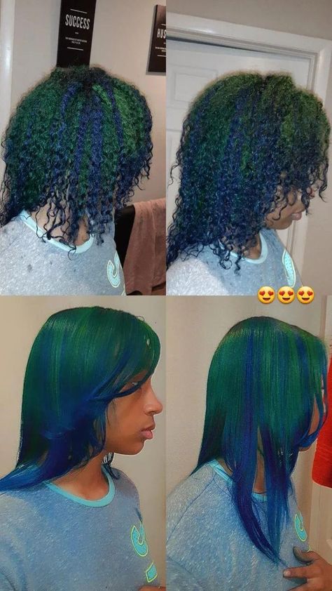 What Color Should I Dye My Hair Ideas, Hair Dye Ideas Multicolor, Blue Skunk Stripe Hair Curly, Afro Hair Color Ideas, Teal Natural Hair Black Women, Blue Black Natural Hair Black Women, Emerald Green Locs Black Women, Green Natural Hair, Blue Peekaboo Hair