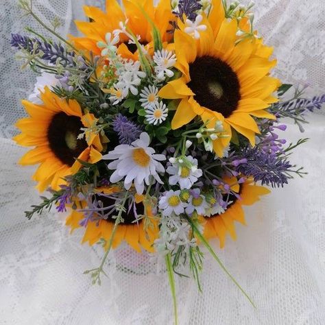 Bouquet With Sunflowers, Lavender Bridal Bouquet, Wedding Lavender, Sunflower Wedding Decorations, Buttonhole Flowers, Lavender Wedding Flowers, Wedding Flowers Sunflowers, Flower Girl Wand, Sunflower Themed Wedding