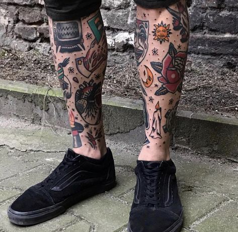 Old School Tattoo Leg Sleeve, Traditional Leg Sleeve Tattoo Men, Traditional Leg Tattoo Men, Traditional Tattoo On Leg, Traditional Tattoo Leg, Traditional Tattoo Leg Sleeve, Tattoo Composition, Tattoo Leg Sleeve, Tattoo Sleeve Filler