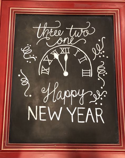 Nye Chalkboard Art, New Year’s Eve Chalkboard Art, Holiday White Board Ideas, New Years Chalkboard Ideas, New Years White Board Ideas, Monthly Chalkboard Ideas, Happy New Year Chalkboard Art, Christmas Chalkboard Art Easy, New Years Chalkboard Art