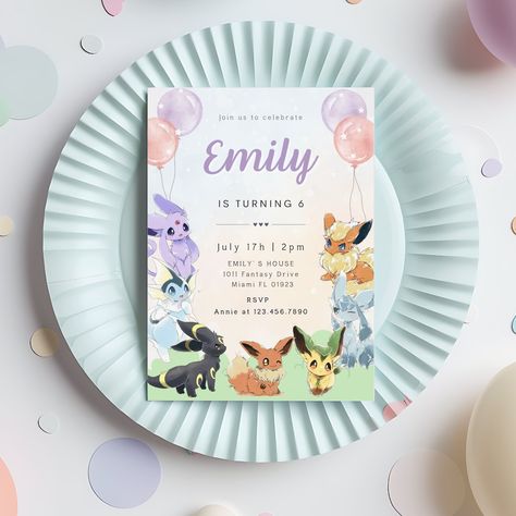 Eeveelutions Editable Birthday Invitation Template for Gils,Eevee, Canva Birthday invitation Template, Party Invite, Instant Download Eevee Party Ideas, Eeveelution Birthday Party, Eevee Birthday Party, Eevee Party, Anime Birthday Party, Pokemon Invitations, Pokémon Birthday, Pokemon Birthday Party, Pokemon Birthday