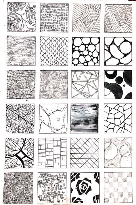 Textures And Patterns Drawing, Texture Drawing Ideas Patterns, Visual Texture Art, Visual Texture Drawing, Different Types Of Texture Drawing, Ink Patterns, Texture Art Drawing, Triangle Pattern Design, Line Movement Art