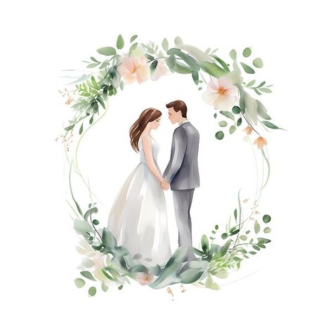 Watercolour Bride And Groom, Drawing Bride And Groom, Bride And Groom Pictures Cartoon, Wedding Frame Ideas, Bride And Groom Painting, Bride Groom Cartoon, Bride And Groom Drawing, Bride Groom Illustration, Bride And Groom Art