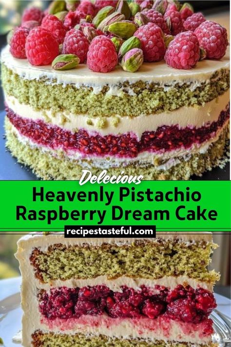 A luxurious dessert featuring layers of nutty pistachio sponge cake, tart raspberry gelée, creamy vanilla frosting, and a glossy mirror glaze. This elegant cake is perfect for special occasions or as a standout treat. Pistachio Cake Filling, Creamy Vanilla Frosting, Pistachio Cake Recipe, Pistachio Raspberry, Raspberry Cake Recipes, Cake Tart, Vanilla Cream Cheese Frosting, Pistachio Recipes, Elegant Cake