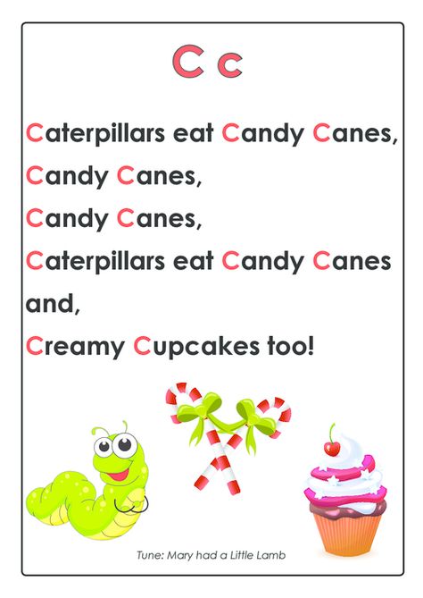 Letter Poems, Phonics Rhymes, Letter C Activities, Preschool Poems, Letter Song, Kindergarten Songs, Preschool Letter, Songs For Toddlers, Learning Reading